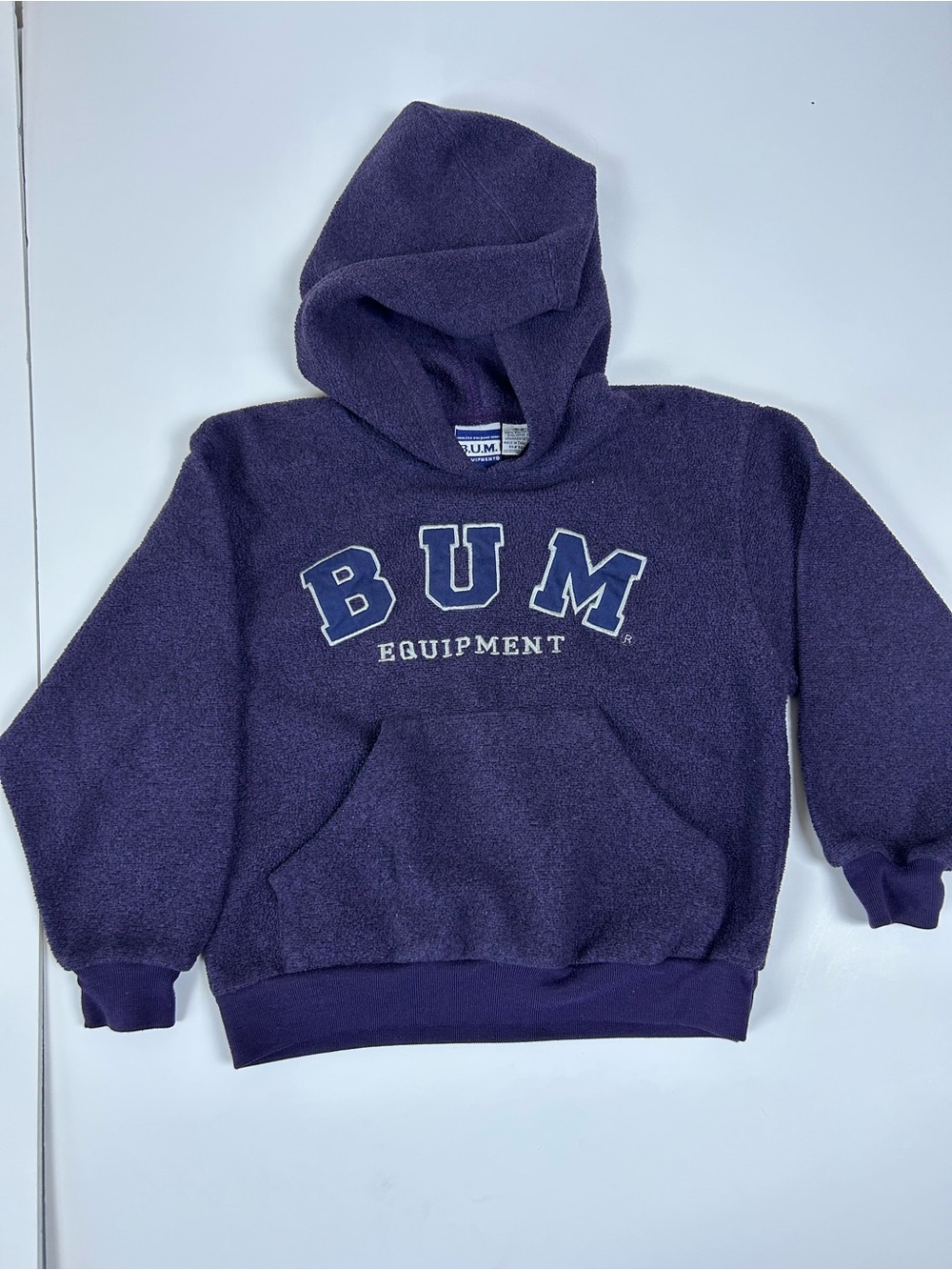 Vintage B.U.M. Equipment Kids Navy Blue Hooded Fleece Sweatshirt Hoodie Size 7/8